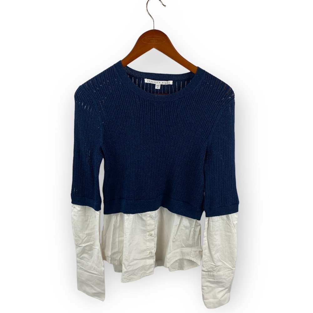 Veronica Beard Womens Long Sleeve Sweater Blouse Blue White Size M Metallic